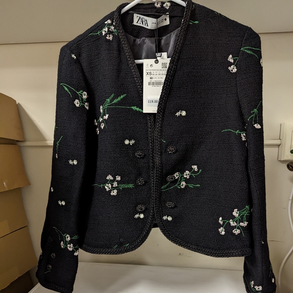 Zara Floral Embroidered Textured collarless blazer jacket Black XS,L - Picture 5 of 9